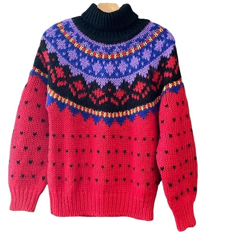 The Weathervane S Purple Red Fabrizio Vtg FairIsles Winter Chunky Knit Sweater